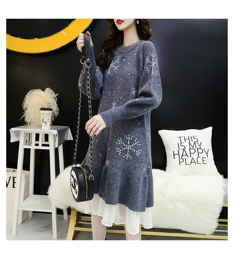 H.SA Women Long Sweater Dress Patchwork Ruffles Knit Sweaters Pullover Long Knit Jumpers Snowflake Knit Sweater Loose 210716