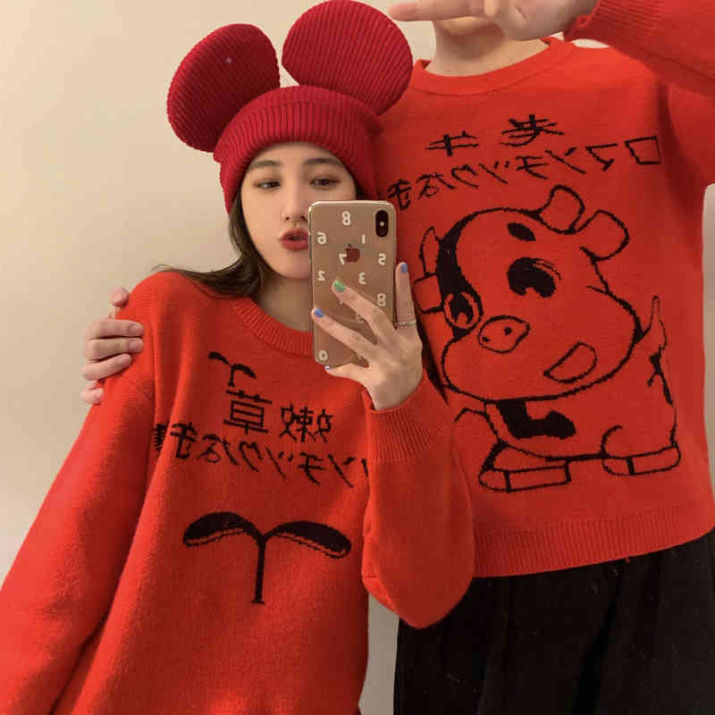 2colors autumn winter korean style loose Cartoon Funny Sweaters thick warm Knitted Sweaters and pullovers womens (C8206) 210423