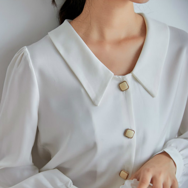 Blouses for Women's Autumn Yellow Peter Pan Collar Long Sleeve Solid Single-breasted Chiffion Shirts Female 210514