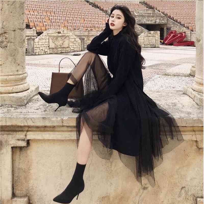 Hepburn Retro Black Sweater Sets Fashion Design Split Long Knitted Pullover Tops+ irregular Mesh Skirt 2 Piece Fall Winter 210525
Hepburn Retro Black Sweater Sets Fashion Design Split Long Knitted Pullover Tops+ irregular Mesh Skirt 2 Piece Fall Winter 210525