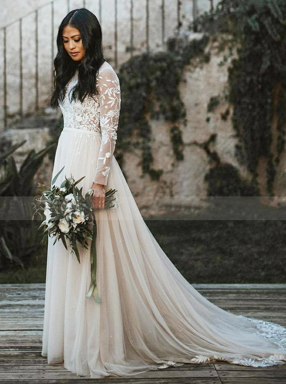 High Neck A-Line Tulle Boho Beach Wedding Dresses Modest Illusion Long Sleeve Romantic Floral Appliques 2021 Vestidos De Novia