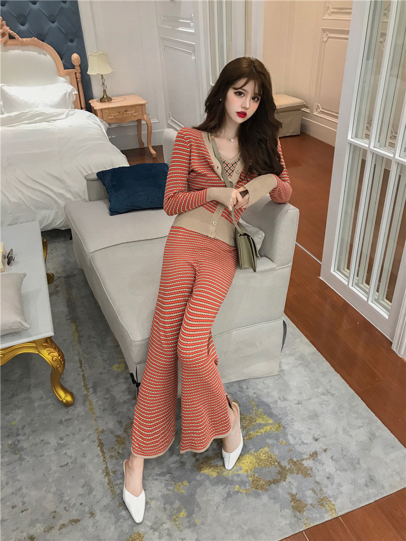 Women Casual Pant Set Spring stripe Ladies V Neck single-breasted coat +Vest tops+Flare Pants Suit Knitted 3 piece set 210518