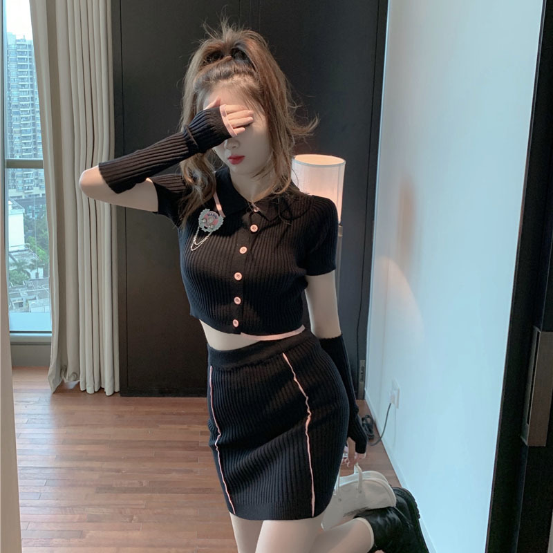 Lucyever Women Fashion slim High elasticity Knit 2 Piece Set Sexy Bodycon Mini dress and Polo-neck short Knitted shirt woman 210521wtt