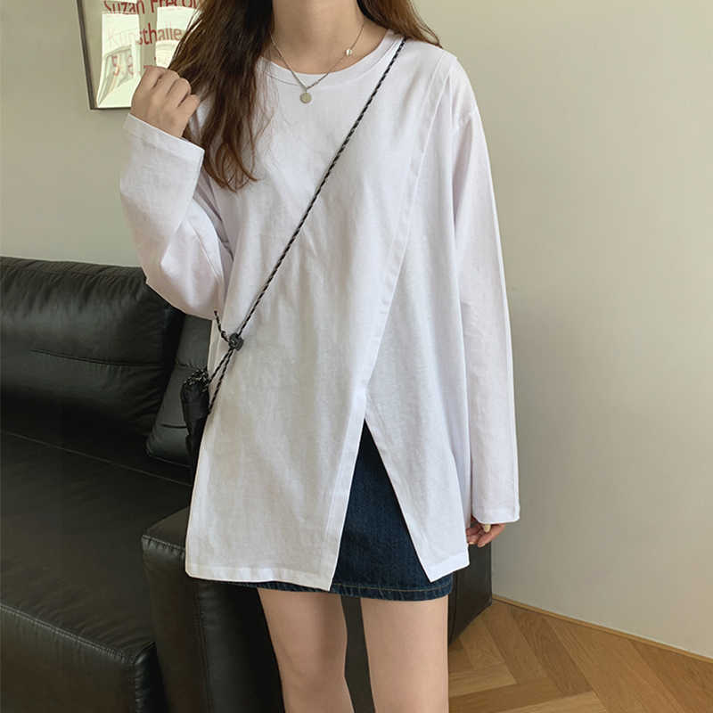Spring and Summer Fashion Casual Loose Women's T-shirt Round Neck Cotton Side Slit Long-sleeved 210615Z