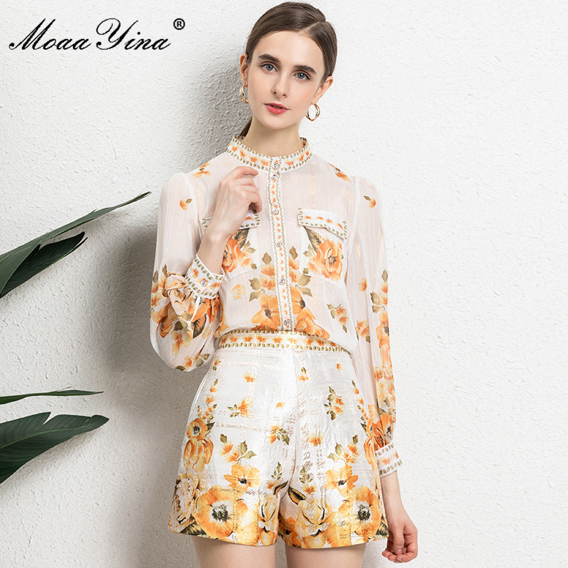 Fashion Runway Summer Shorts Set Women Long sleeve Floral print Casual Blouse and Slim 2 Pieces Suit 210524