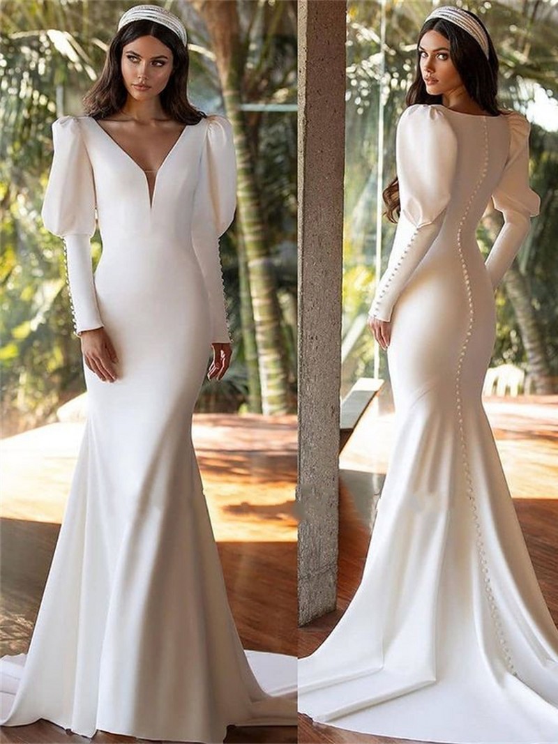 New V Neck Mermaid Wedding Dress Beach Satin Long Puff Sleeve Bridal Gowns Elegant White Butto 2022 Custom Size Vestido De Noiva Robe De Mariage