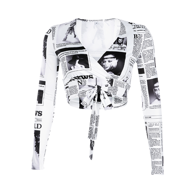 Rockmore Newspaper Letter Print Women T Shirt Deep V-neck Sexy Tees Shirts Long Sleeve Crop Top Streetwear Basic Tshirt Womens 210406