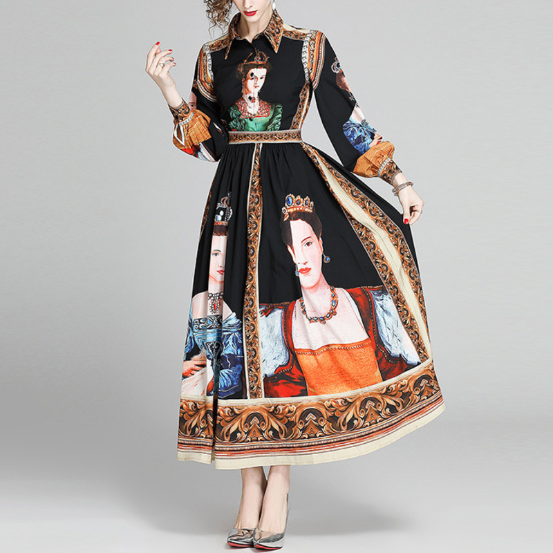 Summer Printing Temperament Long Sleeve Lapel Shirt Dress Slim High Waist Vintage Women Dresses 2H177 210526