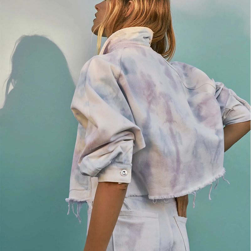 Summer Women 2 Pieces Set Tie Dye Denim Cropped Jacket And Shorts Suit Chic Lady Fashion Casual 210517