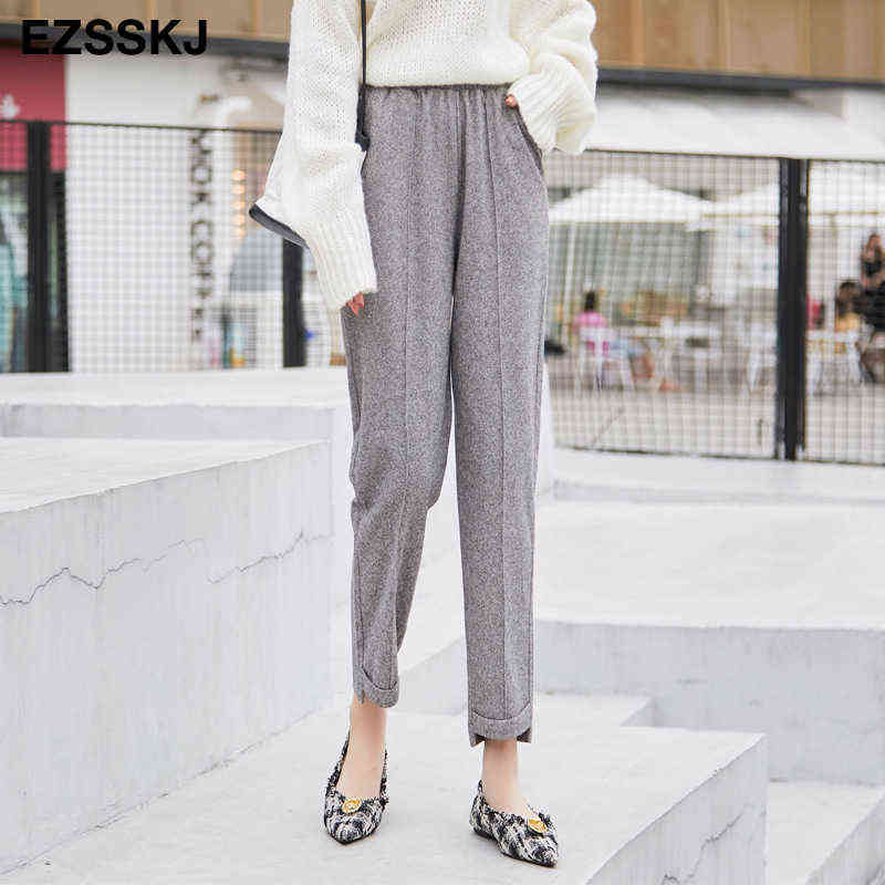 CHIC LOOSE harem woolen pants women's autumn winter thick Woolen straight high waist Korean trouses 211124