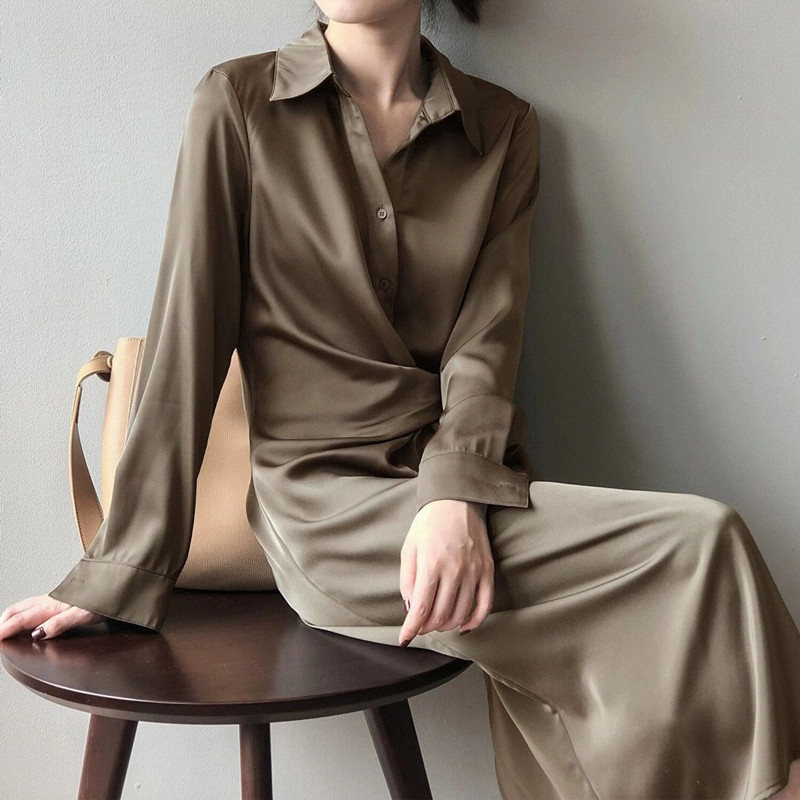 Autumn Spring Fashion Work Wear Lapel Shirt Dress Women Chic Elegant OL Single Breasted Satin Long Dresses Vestidos 210421