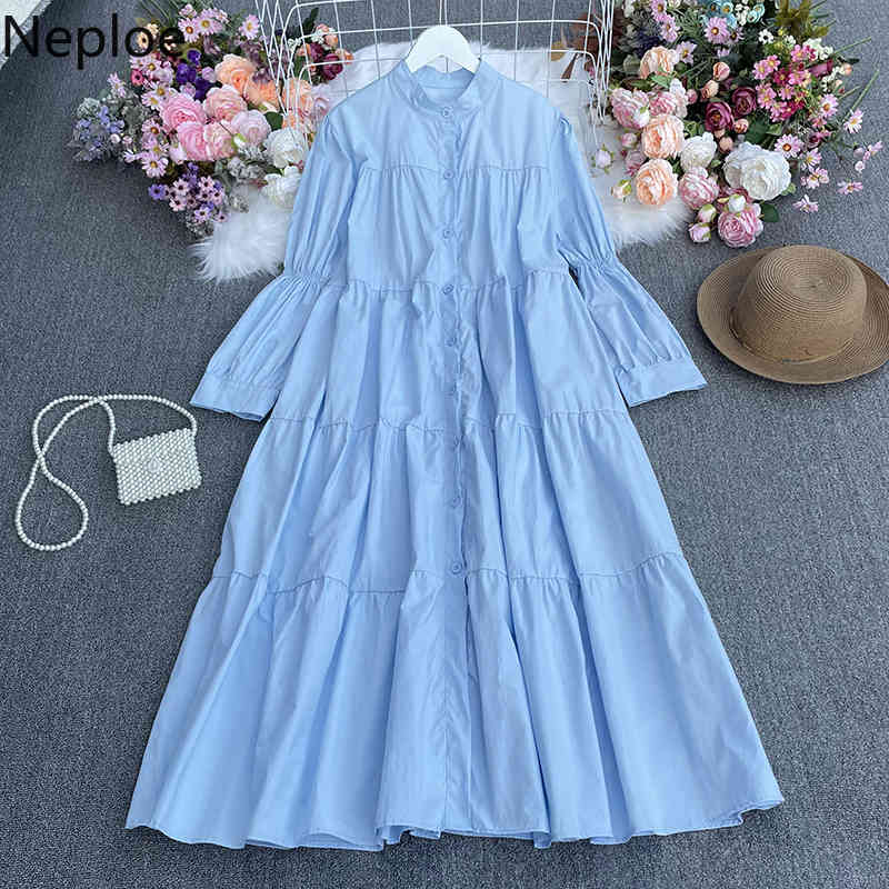 Neploe Maxi Dresses for Women Puff Sleeve Elegant Long Robe Korean Fashion Vestidos Feminino Plus Size Dress Woman Clothes 210422