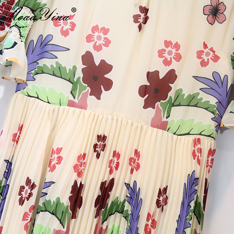 Fashion Runway Summer Dresses Women Flare Sleeve Pleated Floral print Elegant Vacation Midi Dress 210524