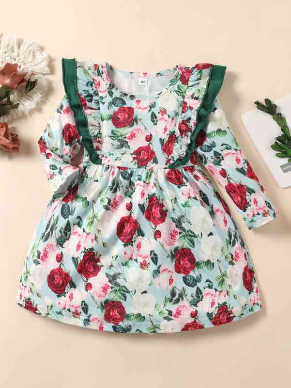 Baby Floral Print Lettuce Trim Dress SHE