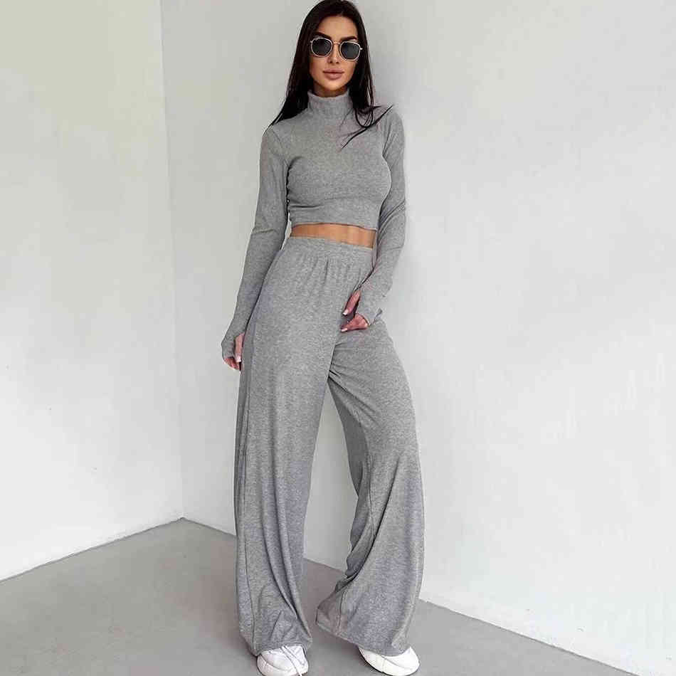 Free Women's Rib Knit Suit Casual High Neck Long Sleeve Turtleneck Short Top & Wide Leg Pants Two-Piece Set 210524