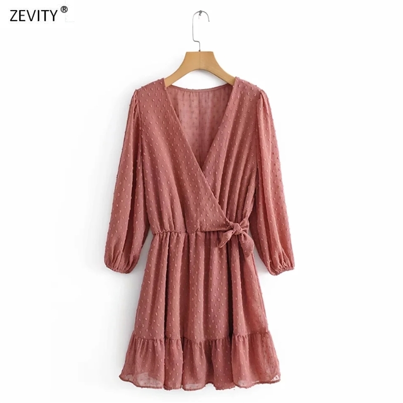 New Women elegant cross v neck bow tied chiffon vestido hem ruffles mini Dress autumn ladies elastic waist kimono Dresses DS2893 210409