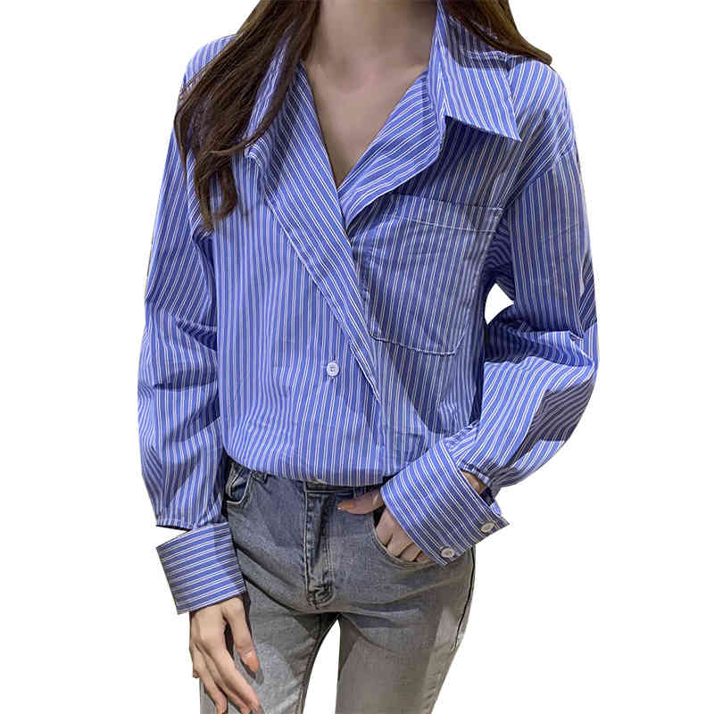 women fashion Spring blue Striped base Oversized Blouses Female Tops Loose Long Sleeved Shirt Women's 660E 210420
