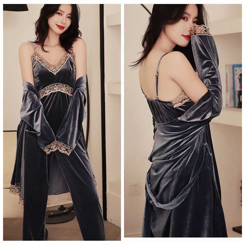 JULY'S SONG Fashion Velvet 4 Pieces Warm Winter Pajamas Sets Women Sexy Lace Robe Pajama Sleepwear Suit Sleeveless Nightwear 210924