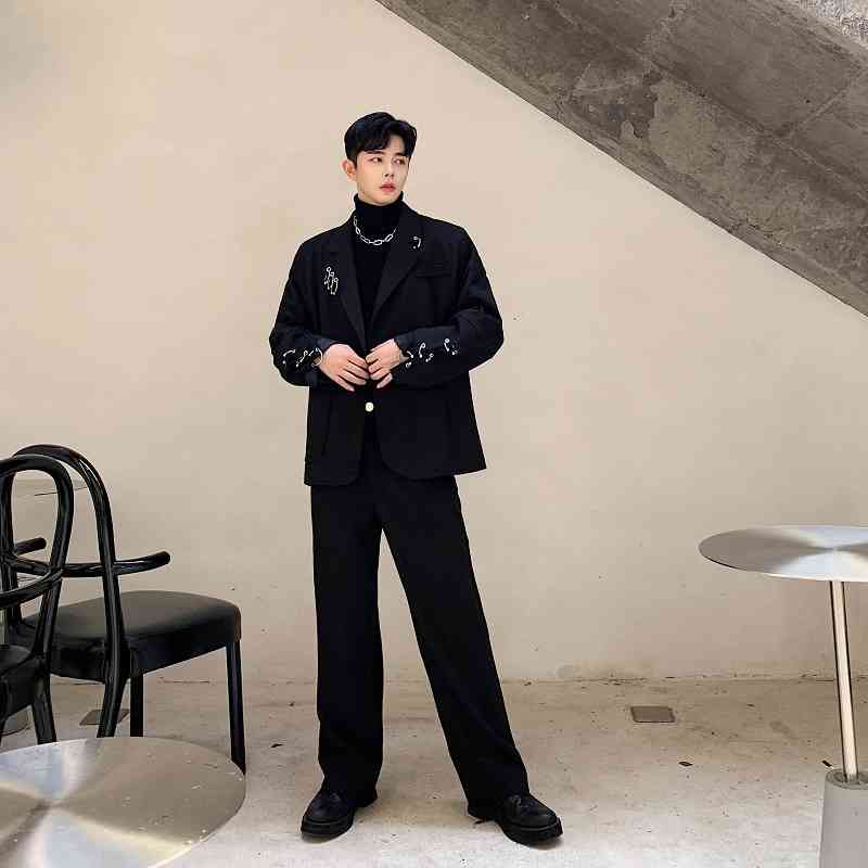 Autumn Winter Mens Blazer Jacket Retro Men's Black Blazer Suit Jackets Iron Ring Accessories Coat Club DJ Stage Clothes Costume 210527