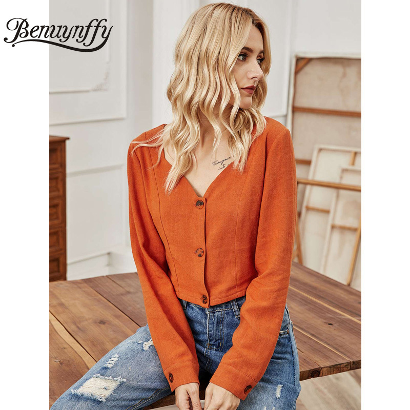 Sweetheart Neck Button Up Solid Crop Top Women Spring Cotton Linen Long Sleeve Female Shirts Basic Slim Casual Blouse 210510