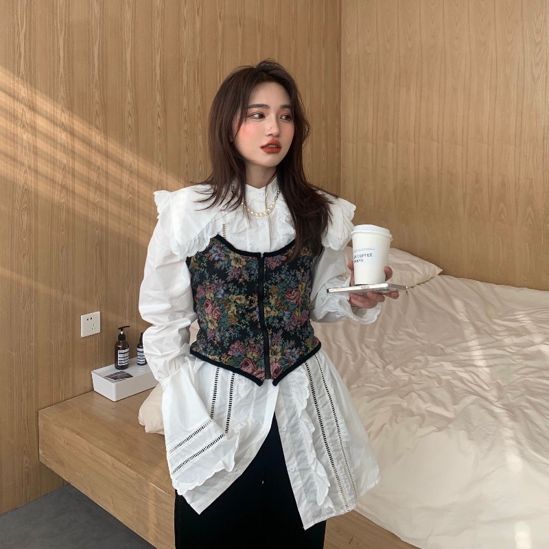 Loose Fungus Puff Long Sleeve White Big Lapel Shirts Dress Women Mini Ruffles Sexy Floral Embroidery Camisole Jacquard Tops Sets 210429