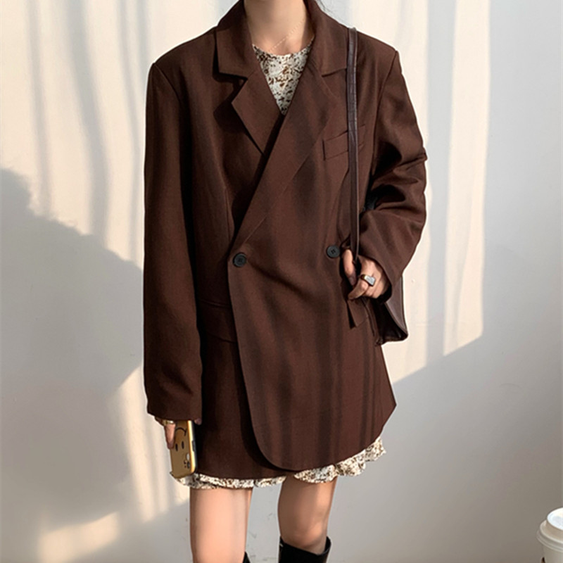 Autumn Winter Double Breasted Blazer Women Work Wear Formal Minimalist Loose Elegant OL Suit Collar Coat Female 210421