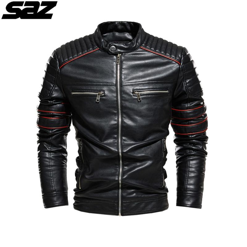 Saz Men Motorcycle Casusal Vintage Leather Jacket Coat Outfit Fashion Biker Pocket Design PU Men's Jackets
