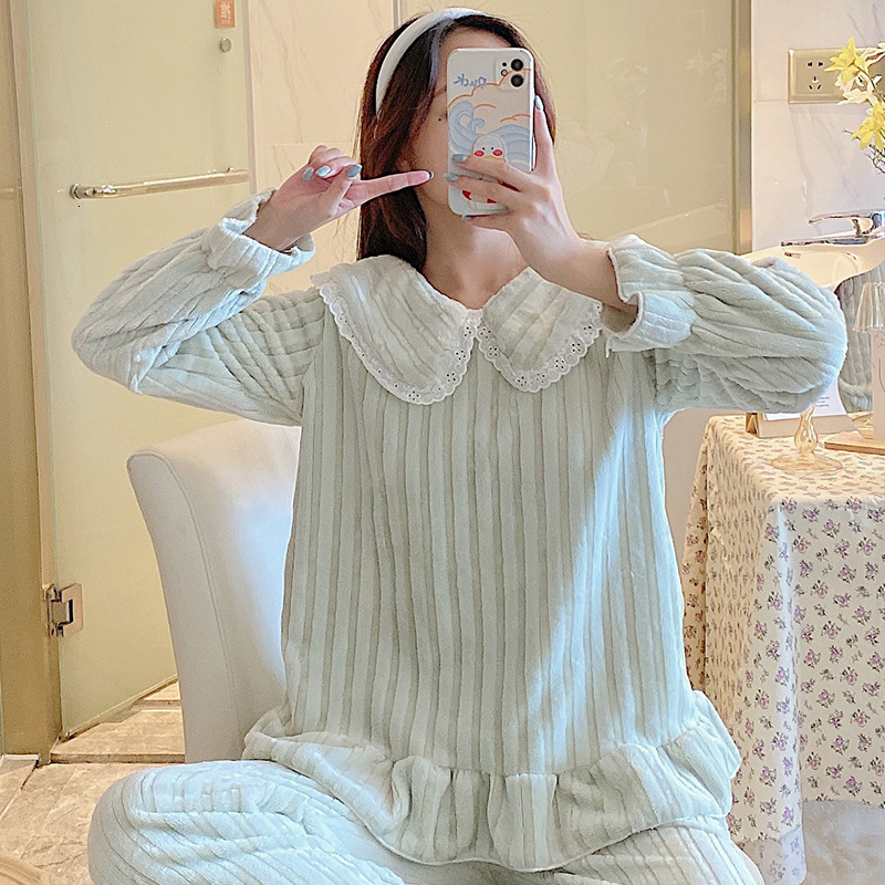Women's Sleepwear Autumn Winter Pajamas Women Pijamas Set Sweet Lapel Ladies Home Clothes Coral Fleece Thicken Night Wear Suit 6LM