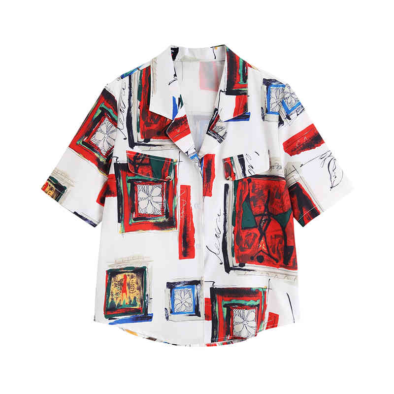 Baroque Vintage Blouse Summer Short Sleeve Button Up Shirt Print Loose Notched Collared Top And Clothing 210427