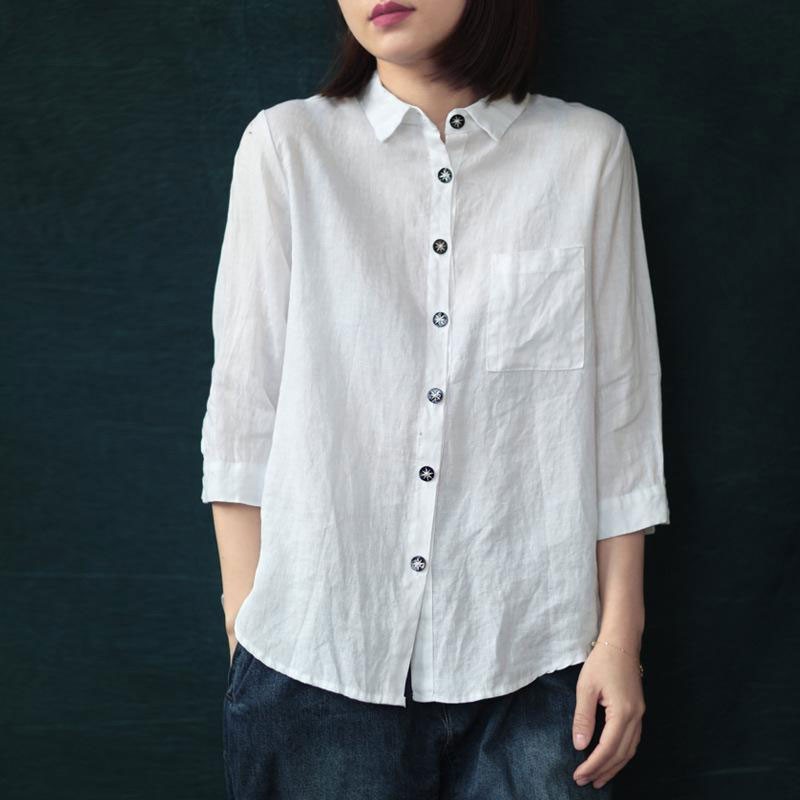 Spring Arts Style Women 3/4 Sleeve Loose Yellow Shirts All-matched Casual Solid Linen Blouse Femme Vintage Tops M250 210512