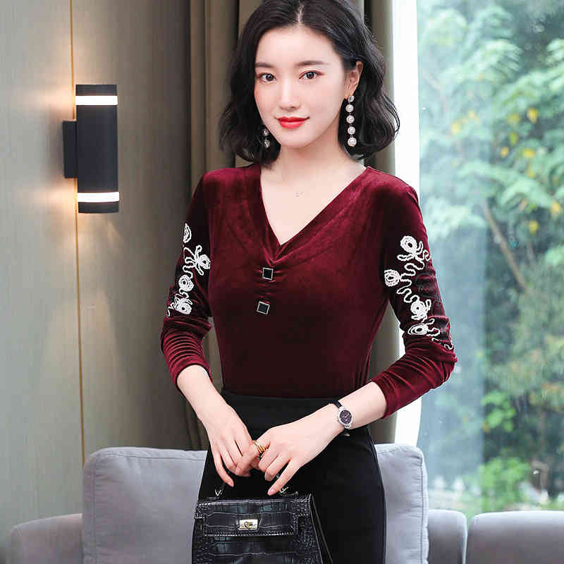 Womens clothing Black Korean V-neck Printed velvet Velour Long Sleeve Embroidery Blusas Top Women Blouse Shirts 827A 210420