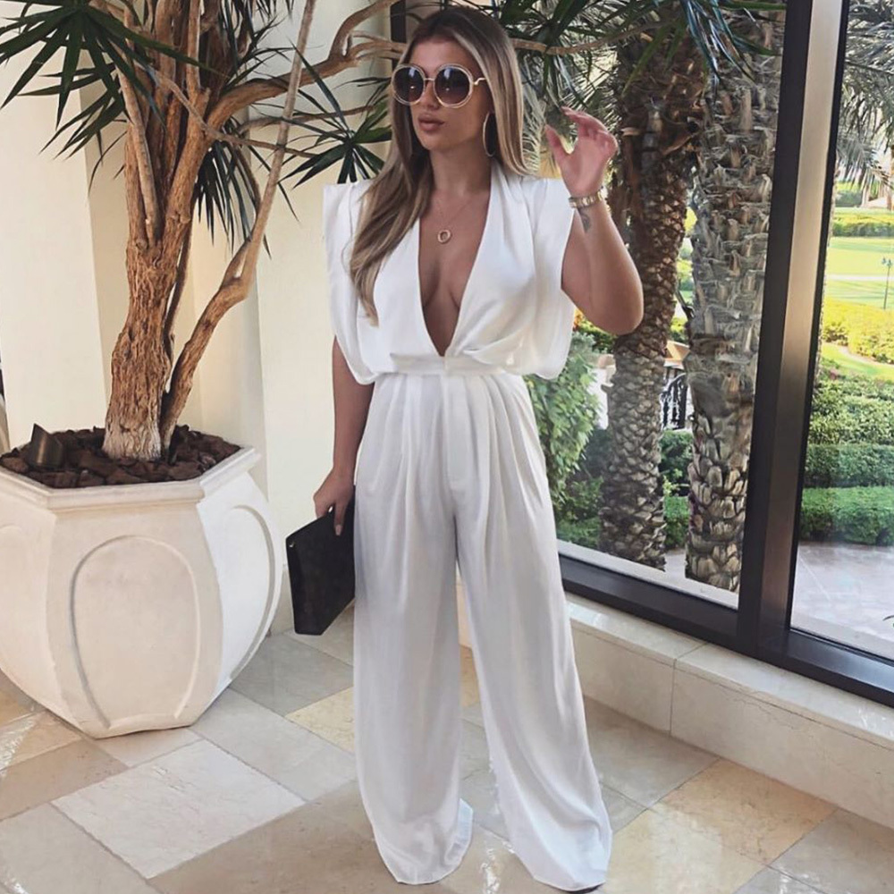 Summer Women Fashion White V Neck Club Jumpsuits Sexy Short Sleeve & Long Pants Evening Casual Ladies 210423