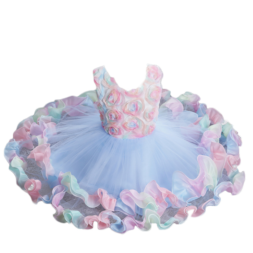 Vintage Flower Girls' Dresses Graduation Light Blue Clothes Kids Formal Wear With Lace 3D Rose Flowers Tutu A-line Tea-Length In Stock Birthday P