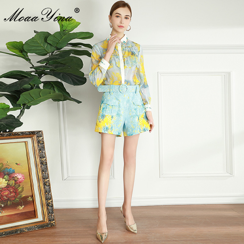 Fashion Runway Summer Two Piece Sets Women's Ruffle Elegant Long Sleeve Yellow Print Blouse+Casual Shorts Suit 210524