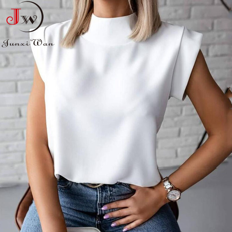 Fashion Women Summer Blouse Shirt Casual Solid White Turtleneck Short Sleeve Elegant Basic Ladies Tops Ropa Mujer Plus Size 210510