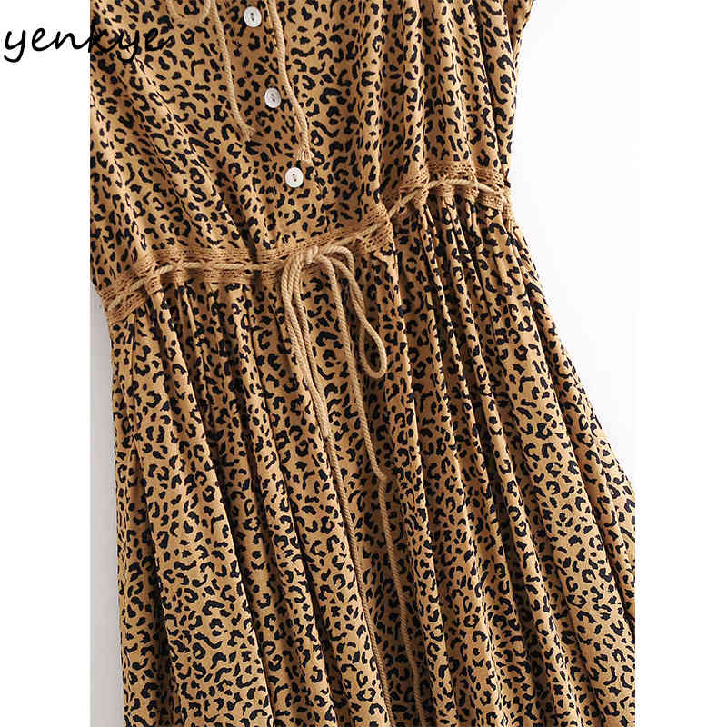 YENKYE Sexy Spaghetti Strap Vintage Leopard Dress Women Sleeveless Drawstring Waist A-line Casual Sling Long Dress Summer Robe 210515
