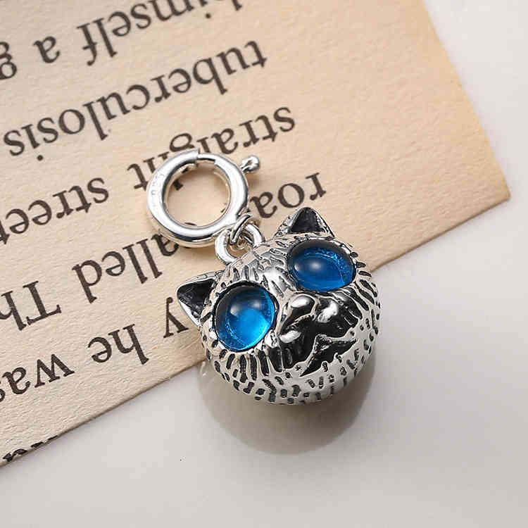 S925 Sterling Silver Blue Cat Head Pendant Cute Cartoon Sweet Old Necklace for Men and Women N974c