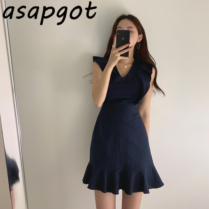 Dresses Chic Korean Sexy Elegant Oversize Sleeveless Ruffles V Neck Wrap Hip Mermaid Dress Women Mini Slim High Waist Lace Up 210429