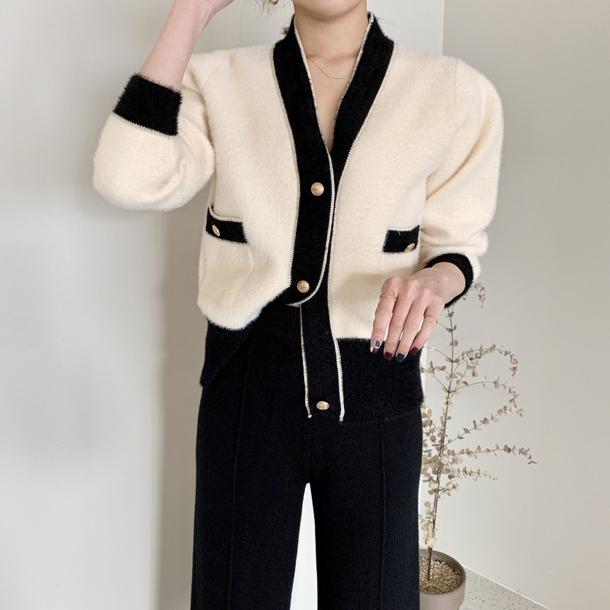 OL Cardigan Coat Autumn Winter Sweater Women Elegant V-neck Hit Color Thick Warm Mink Plush Knitted Outwear Tops 210421