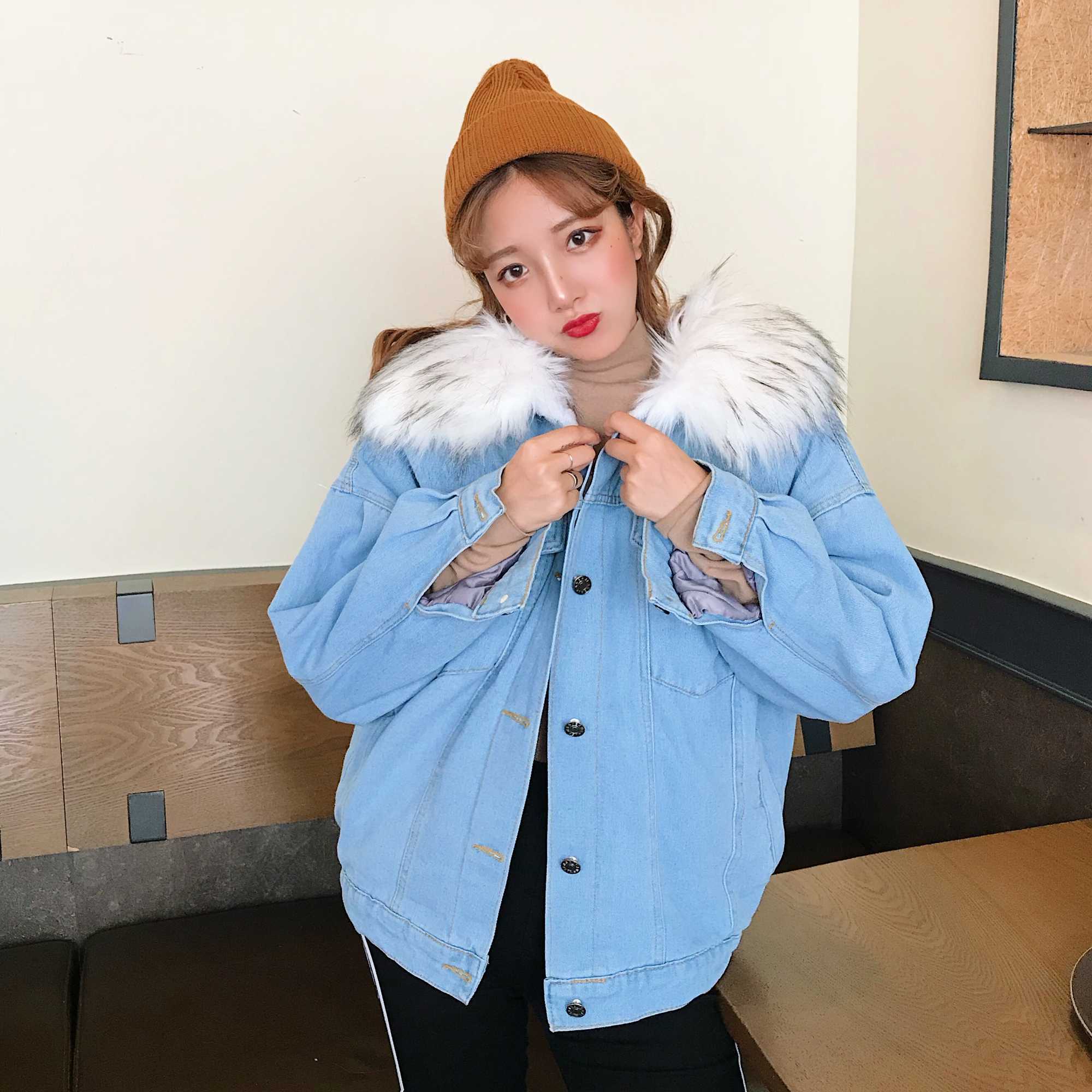 Denim plus velvet loose hooded jacket female winter Korea ins Harajuku vintage chic lamb hair fashion casual women 210608