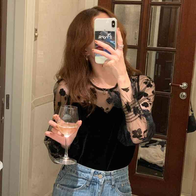 Vintage Loose Shirt Mesh Lace Women Korean Long Sleeve Blouse Sexy Elegant Top Female Blusas Mujer 13820 210427