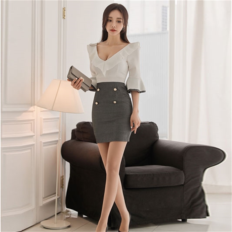 Women Patchwork Ruffles Button Deep V Neck Pencil Dresses High Waist 3/4 Butterfly Sleeve Slim Office Lady Zipper Dress D91121I 210416