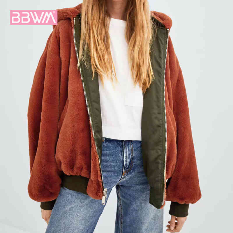 Long sleeve black winter women's double-sided wearing bomber jacket wild loose faux fur hooded women's jacket 210507
