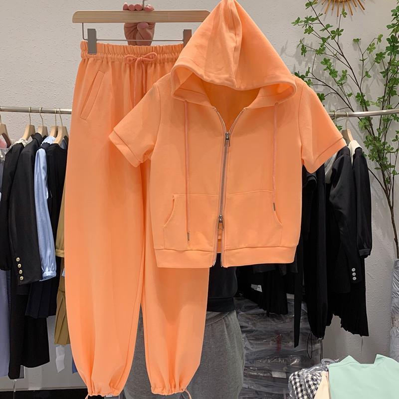 Nomikuma Women Two Pieces Outfits Short Hooded Sweatshirt Tops + Lace Up Waist Harem Pants Korean Causal Solid Pant Sets 6H132 210427