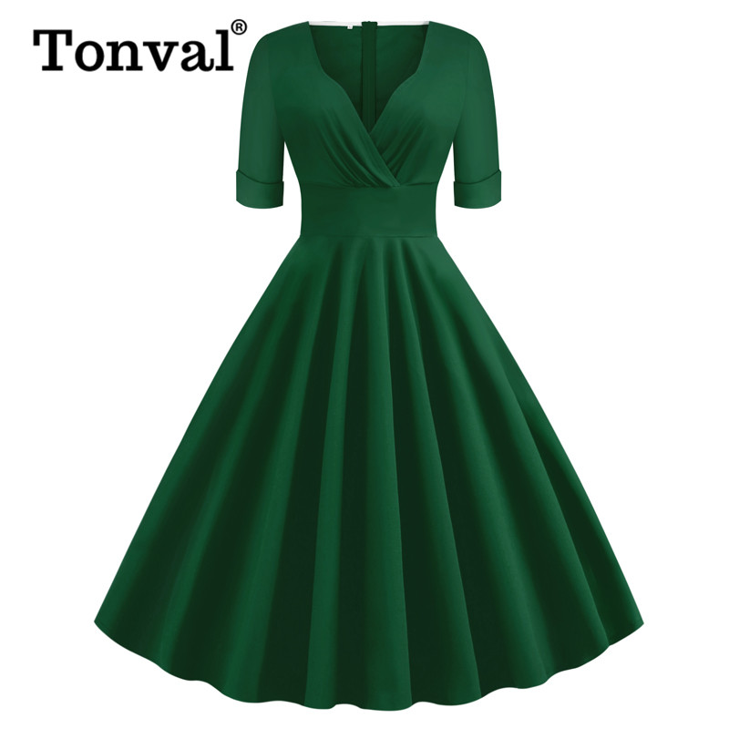 Tonval Green Solid Rockabilly 1950S Vintage Ruched V Neck Elegant Party Dress Women 2021 Summer Half Sleeve A Line Midi Dresses, Flower 1
Tonval Green Solid Rockabilly 1950S Vintage Ruched V Neck Elegant Party Dress Women 2021 Summer Half Sleeve A Line Midi Dresses, Flower 1