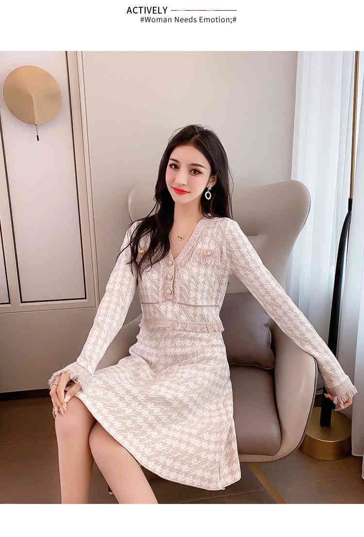 Fashion Autumn Houndstooth Tassel Trim Sweater Dress Ladies Long Sleeve V-Neck Casual Knit Dresses Vestidos 210519