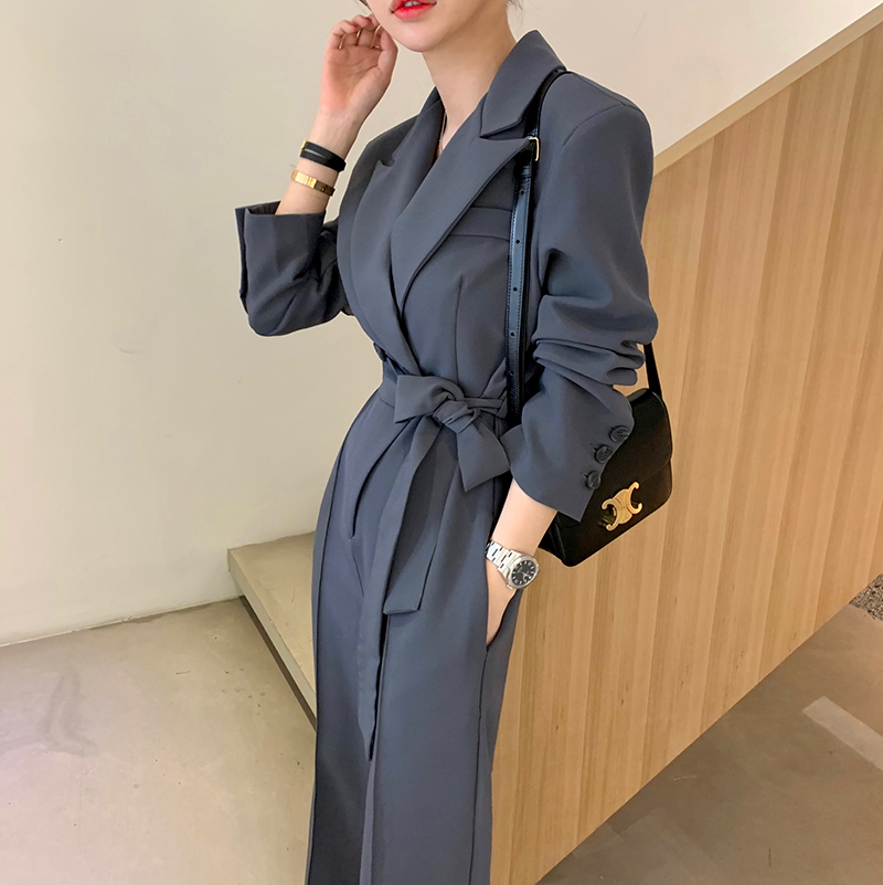Elegant Notched Collar Double Breasted Playsuits Long Pants Chic Sashes Office OL High Waist Slim Retro Jumpsuit Women 210519