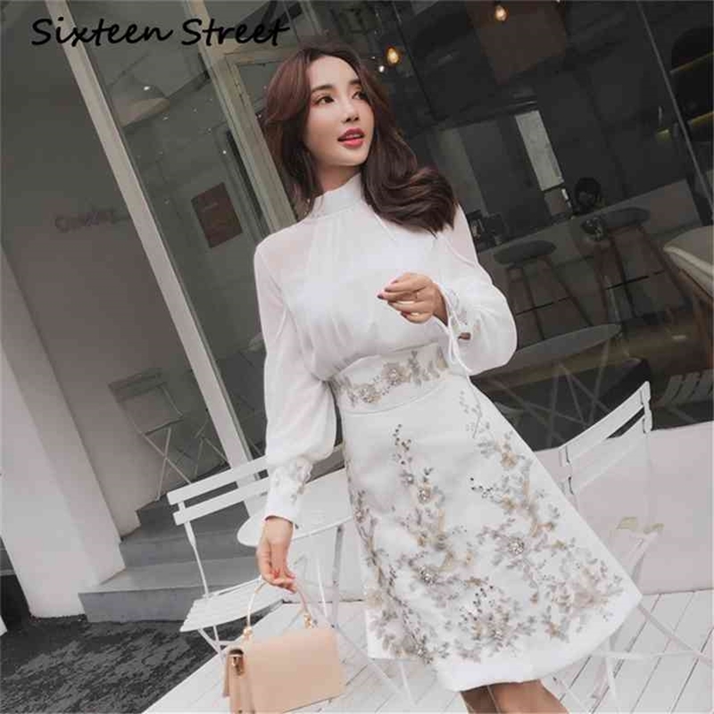 white chiffon blouse and beading embroidery skirt woman casual design two piece sets 210603
white chiffon blouse and beading embroidery skirt woman casual design two piece sets 210603