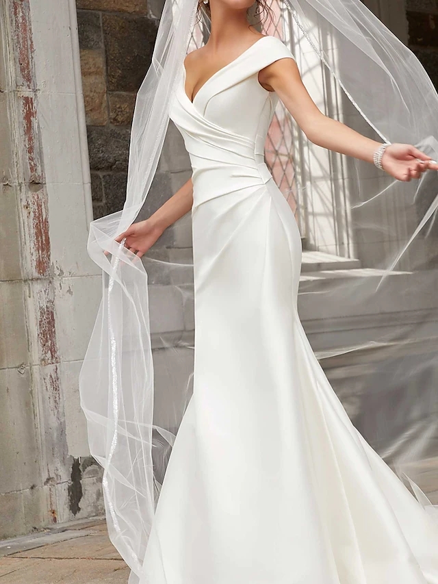 Simple New Mermaid Wedding Dresses Off Shoulder V-neck Ruched Draping Satin Bridal Gown Vestidos De Novia Custom Made 2022 robe de mariage