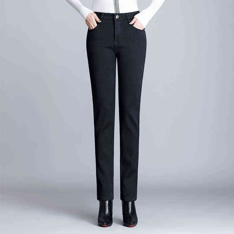Winter Women's Jeans Velvet Warm Loose Plus Size Denim Straight Mom Woman with High Waist Fleece Black Pants for Women 211129